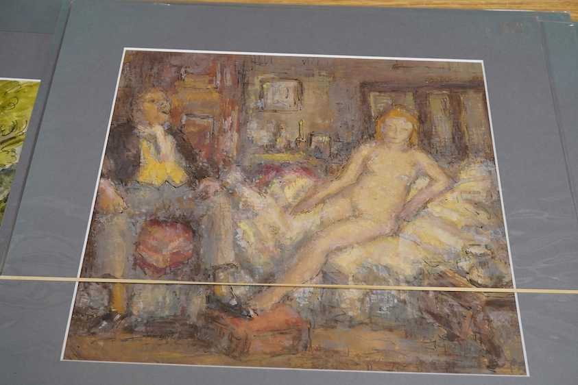 Harold Hope Read (1881-1959), ‘Outside family Scene’, ‘A Forest Gathering’ and ‘A Manage A Trois’, unsigned, Bowden Fine Art labels verso, three ink and watercolours on paper, mounted, unframed, largest 38 x 55cm